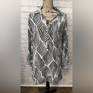 Talbots Med Tunic Top Blouse Coverup Black White Zebra V Neck Sheer Roll Tab‎